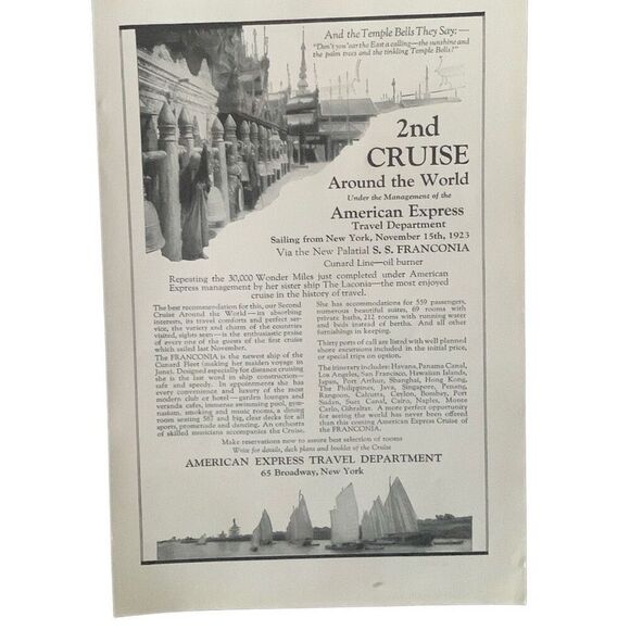 Vintage 1923 American Express Travel 2nd World Cruise Ad Advertisment - Picture 2 of 4